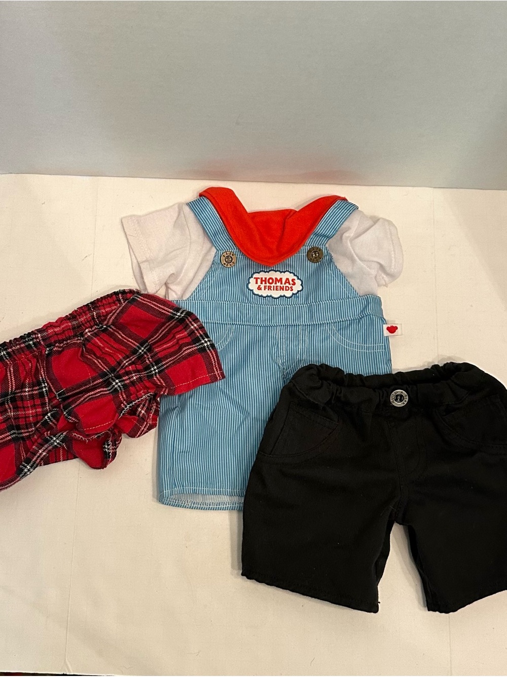 Thomas & Friends Blue Stripe Overalls Outfit Plus Red Plaid and Black Shorts